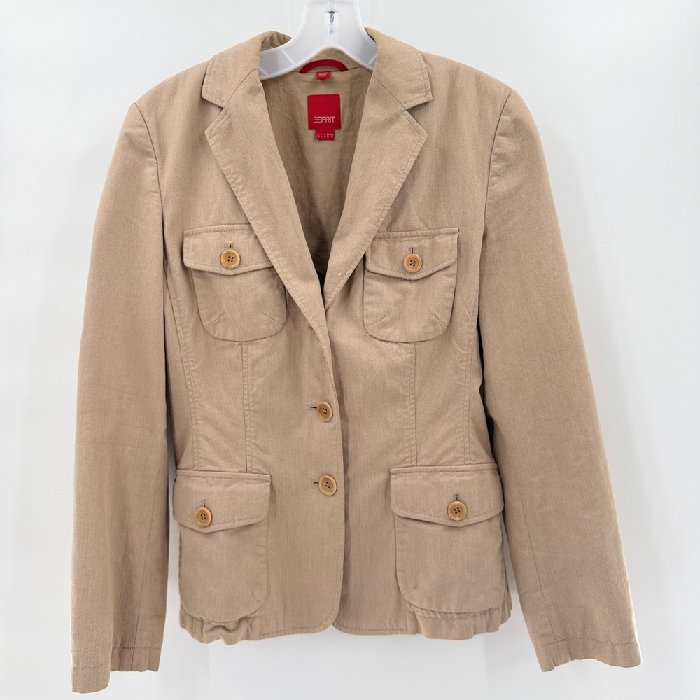 ESPRIT Tan Herringbone Safari Utility Blazer Field Jacket Khaki Beige Medium
